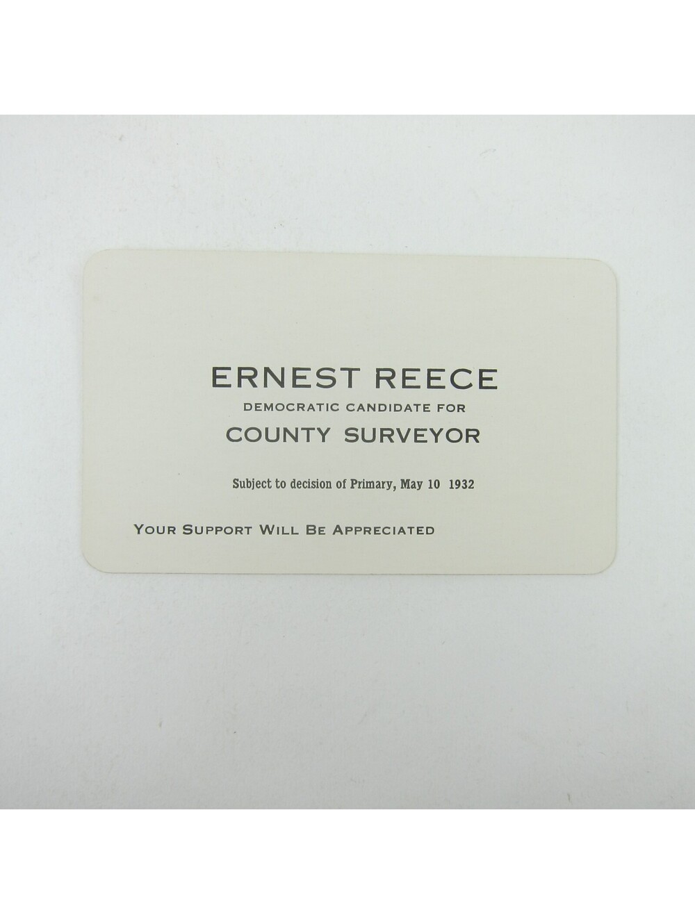 Political Campaign Election Card Darke County Ohio Ernest Reece Vintage 1932